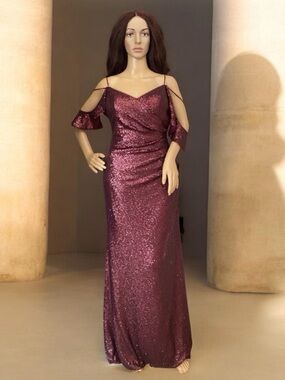 Christina Wu off the shoulder burgundy sequins dress